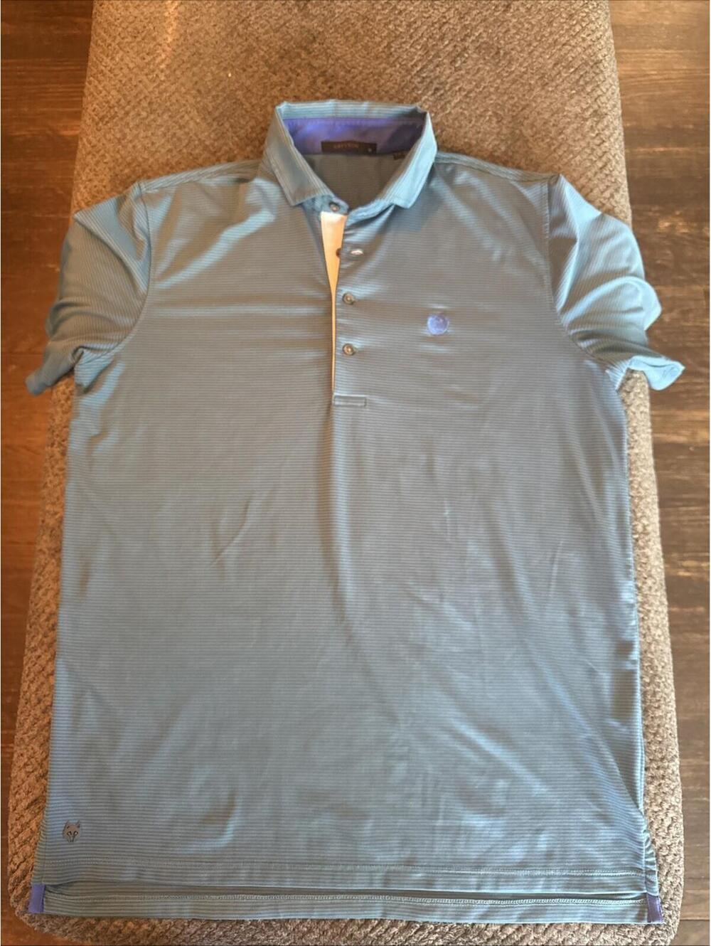 Greyson Mens Medium Blue Green Geometric Short Sleeve Golf Polo Shirt Emboidered